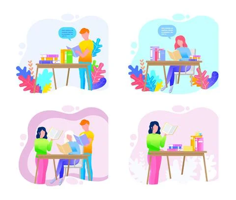 Reading people flat character set with books magazines literature isolated 库存插图