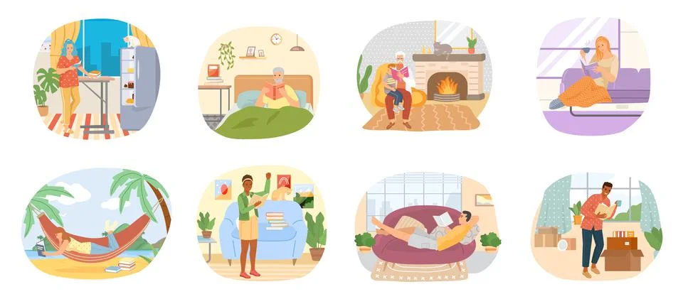 Reading people flat character set with books magazines literature isolated 库存插图