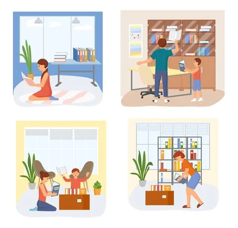 Reading people flat character set with books magazines literature isolated Illustrazione stock