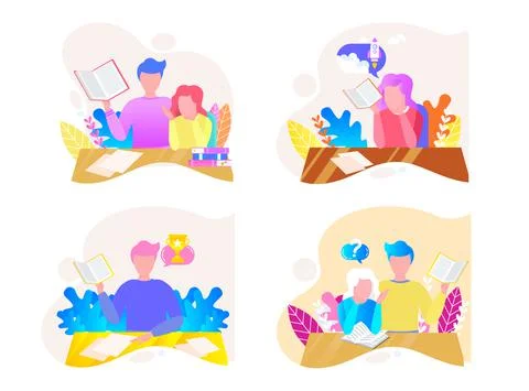 Reading people flat character set with books magazines literature isolated 스톡 일러스트