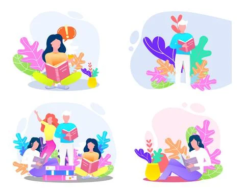 Reading people flat character set with books magazines literature isolated 库存插图