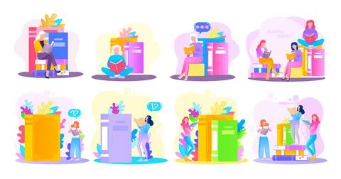 Reading people flat character set with books magazines literature isolated 库存插图