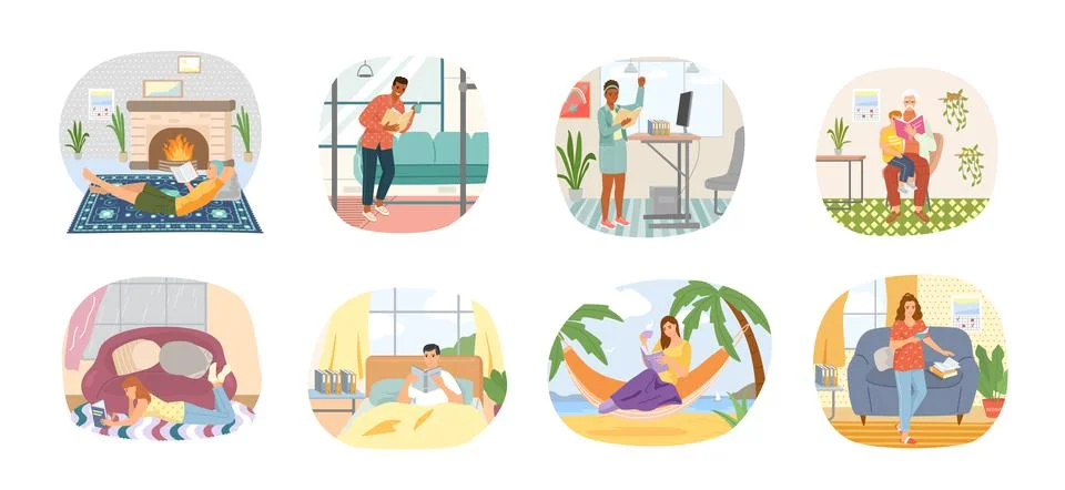 Reading people flat character set with books magazines literature isolated Stock Illustration