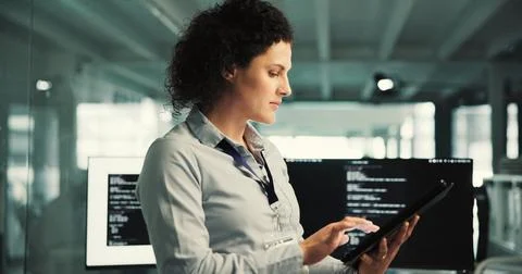 Reading, programmer and woman with tablet in startup, ai project prototypin.. Stock-Fotos