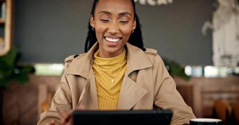 Reading, remote work or black woman with tech in coffee shop, research or r.. Stock Photos