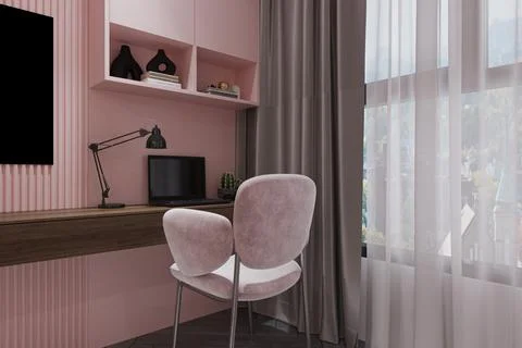 Reading room interior design concept, computer table chair and a lamp on ta.. Stock-Illustration