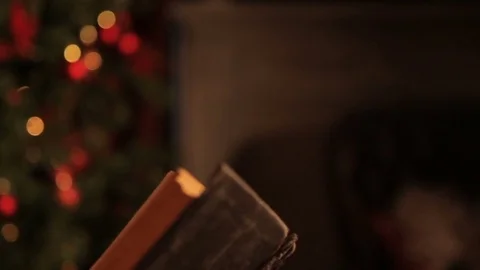 Reading Santa sitting at the Christmas tree 스톡 동영상 82020009