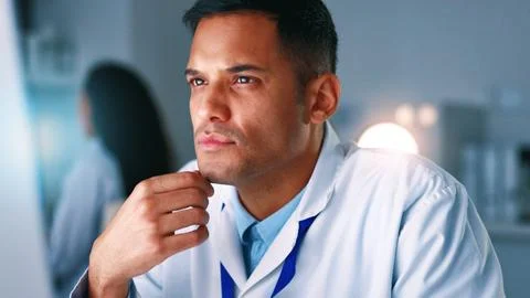 Reading, science and man in lab on computer for medical planning, medicine .. Foto stock