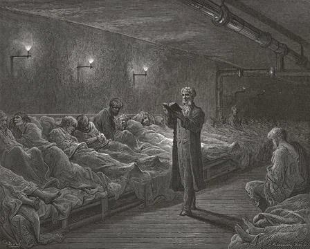 Reading scripture to the homeless crowded into a night refuge in 19th century Lo Stock Illustration