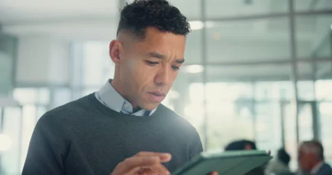 Reading, tablet and business man with email error, glitch or problem solving in Stock Footage 286371494