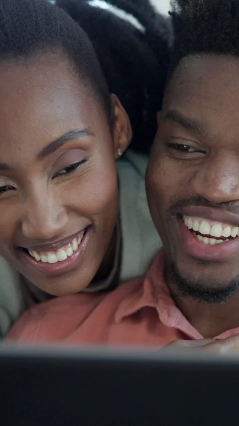 Reading, tablet and couple with laugh in home for bonding, browsing internet and Stock Footage 336731447