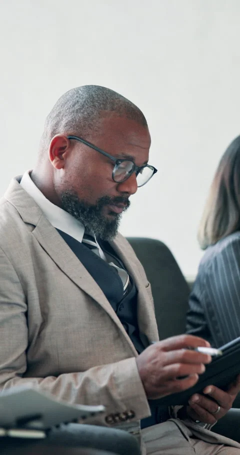 Reading, tablet and interview with business man for online report, research and Stock Footage 307598847