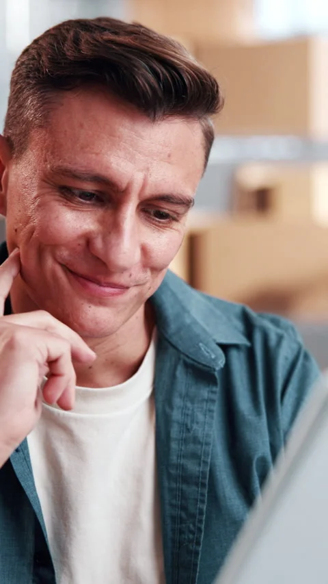 Reading, tablet and man in small business for distribution, ecommerce or supply Stock Footage 342312332
