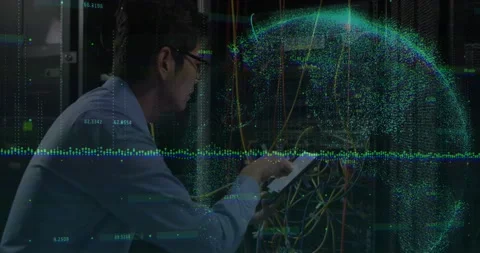 Reading tablet and testing network, male tech tracing patch cables while globe Stock Footage 321070887