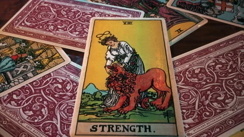 Reading a Tarot card The Strength during paranormal belief future telling spell Video stock 224742864