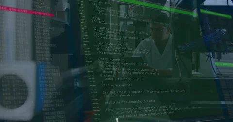 Reading technician in light coat checking tablet at plant conveyor with code Stock Footage 331165999