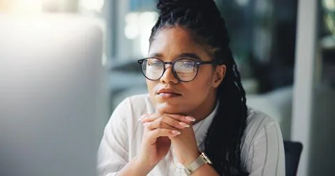 Reading, thinking and computer with business black woman for legal research Stock Photos