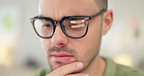 Reading, thinking and man closeup in office with research and data for work Stock Footage 254994634