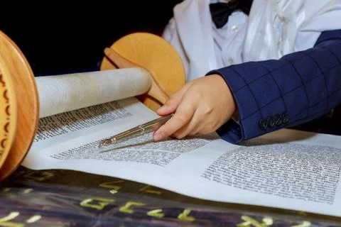 Reading torah, bar mitzva down and praying Stock Photos