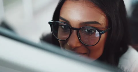 Reading, woman and closeup of developer on computer for research, programming or Stock Footage 309139831