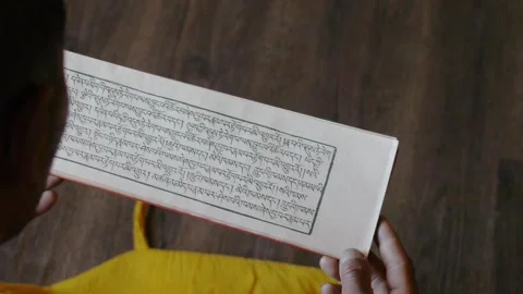Reads and flips through sacred meditation tibetan texts Stock Footage 130363203