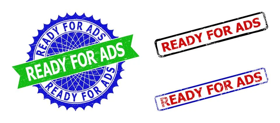 READY FOR ADS Rosette and Rectangle Bicolor Badges with Distress Surfaces Stock Illustration