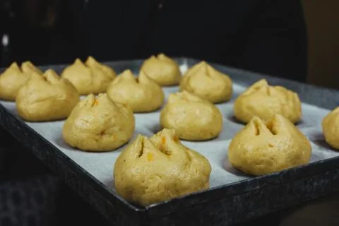 Ready to bake bread dough, dough tray Stock Photos