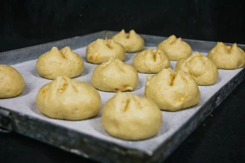 Ready to bake bread dough, dough tray Stock Photos