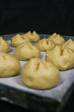 Ready to bake bread dough, dough tray Stock Photos