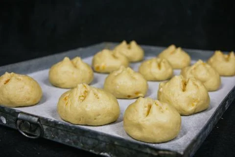 Ready to bake bread dough, dough tray Stock Photos
