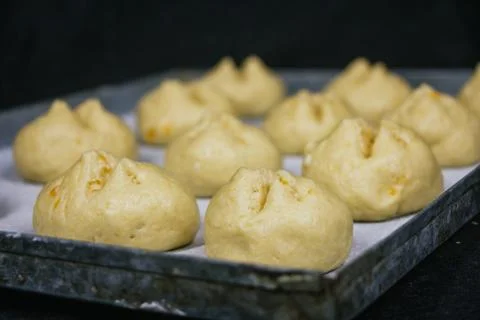 Ready to bake bread dough, dough tray Stock Photos
