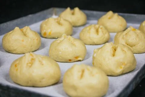 Ready to bake bread dough, dough tray Stock Photos