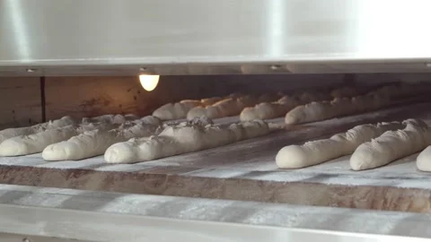Ready-to-bake loaves sprinkled with flour are in the big oven Stock Footage 153322416
