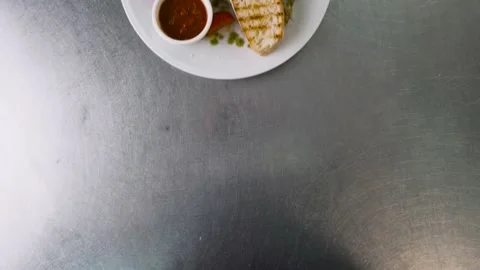 Ready breakfast. Omelette with tomatoes, toast and sauce. Stock Footage 157226801
