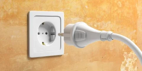Ready to connect. White power plug and electric socket on yellow wall. 3d ill イラスト素材