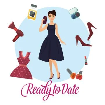 Ready to date banner vector illustration. Woman in elegant dress holding mobile Illustrazione stock