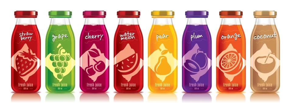 Ready design vector juice, fruit glass bottle set Stock Illustration
