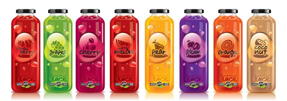 Ready design vector juice, fruit glass bottle set Stock Illustration