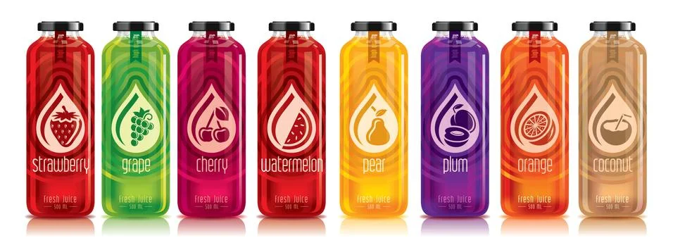 Ready design vector juice, fruit glass bottle set Stock Illustration