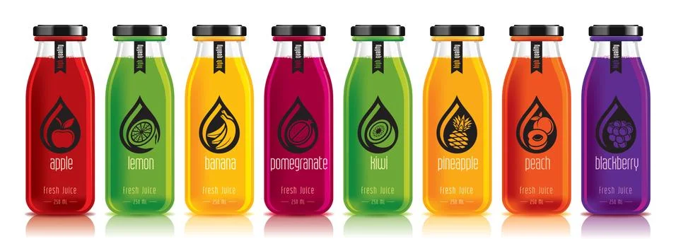 Ready design vector juice, fruit glass bottle set Stock Illustration