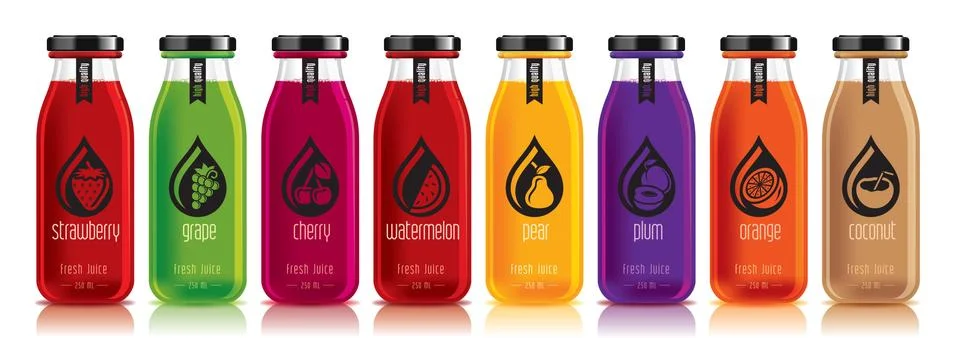 Ready design vector juice, fruit glass bottle set Stock Illustration