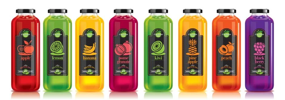Ready design vector juice, fruit glass bottle set Stock Illustration