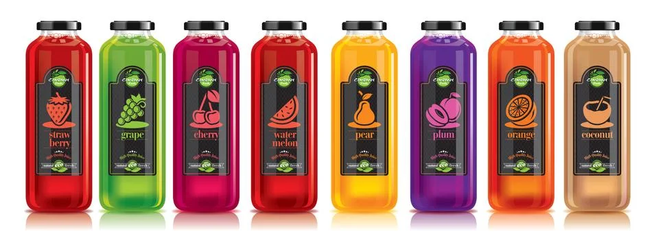 Ready design vector juice, fruit glass bottle set Stock Illustration