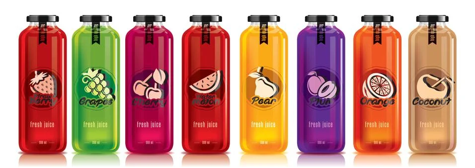 Ready design vector juice, fruit glass bottle set Stock Illustration