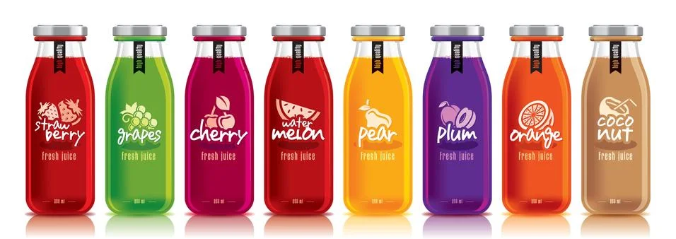 Ready design vector juice, fruit glass bottle set Stock Illustration