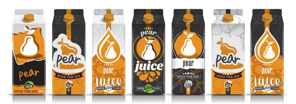 Ready design vector pear juice, fruit package set Illustrazione stock