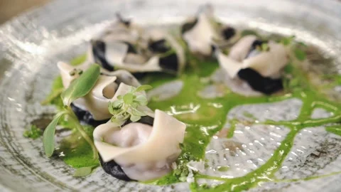 Ready dish with herbs and sauce. Stock Footage 147110652