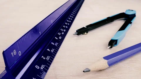 READY for drawing. Ruler, pencil, compass, divider. Stock Footage 310196982