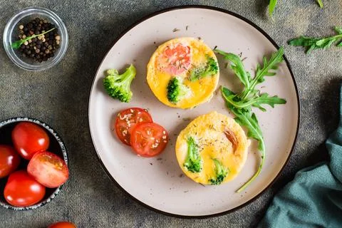 Ready to eat egg, broccoli and tomato frittata on a plate. Homemade breakfa.. Stock Photos