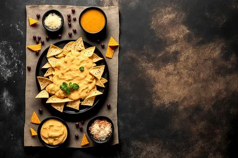 Ready to eat nachos tortilla chips and a hot cheese sauce. Mexican appetizer or Stock Illustration